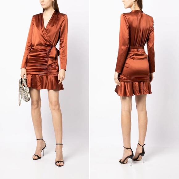 NWT Veronica Beard Agatha Wrap Dress in Cognac Size 2 Brown Silky Satin Ruched - Picture 2 of 16